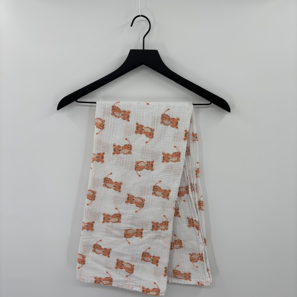 Cotton Muslin Swaddle Blanket White Tiger Print Cotton Gauze 40x40 Square